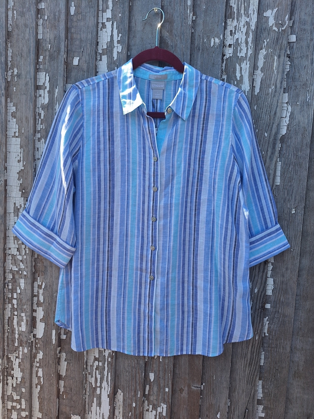 Chico's Linen No Iron 3/4 Sleeve Blue & Aqua Striped Button-Front Shirt Size 1